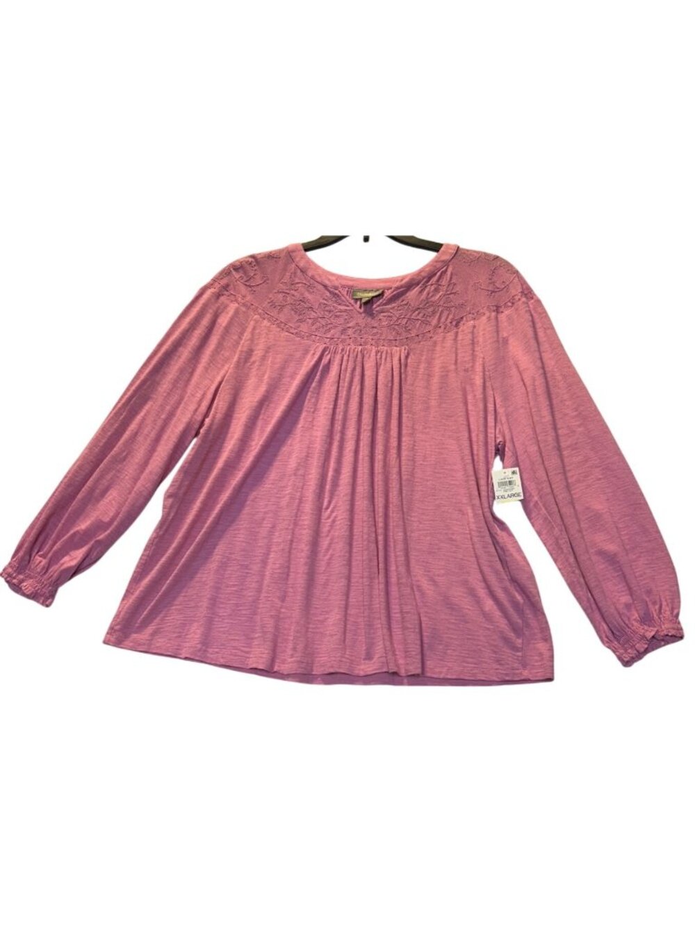 Style & Co XXL Pink Lace Knit Top Long Sleeve Embroidered Yoke Lightweight Blous